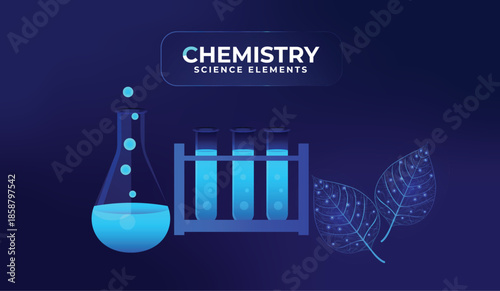 Glass jars or bottles containing bright liquids for chemistry and ecology experiments. Test tubes for chemical or scientific laboratories. Leaves representing sustainability. Biology.
