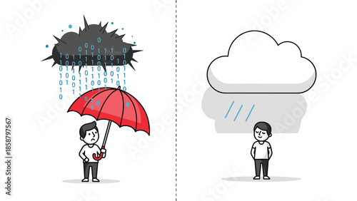 Businessman faces data storm with umbrella, another man stands under normal rain cloud