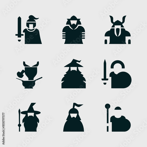 Set of fantasy characters including knights, wizards, and mythical creatures in a minimalist black and white icon style