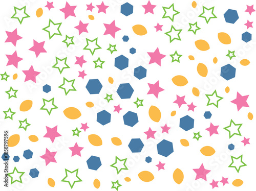 Colorful confetti and star pattern on white background