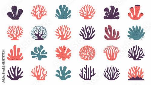 Colorful coral reef illustrations with various shapes and patterns, perfect for marine life designs and oceanthemed projects