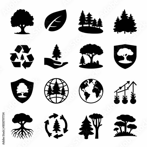 Collection of black and white icons representing nature, environmental protection, and sustainability concepts