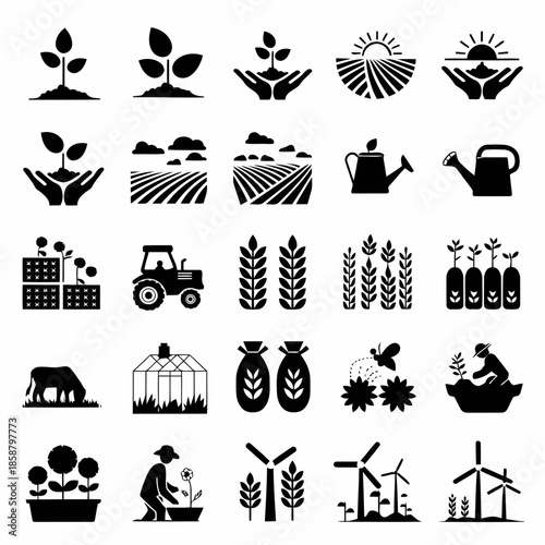Collection of agriculture icons featuring farming tools, crops, and sustainable energy symbols