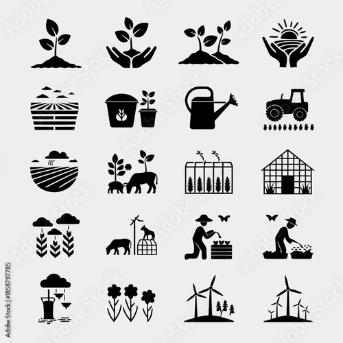 Collection of black and white icons representing various aspects of agriculture and farming, including plants, tools, and activities