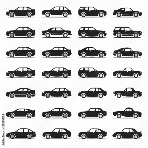 Collection of various car silhouettes in black and white