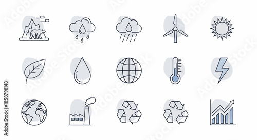 Collection of Environmental and Ecological Icons Representing Sustainability.