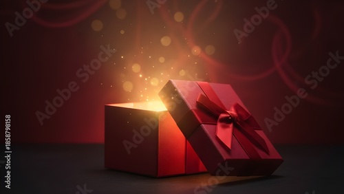 A red gift box opens slightly to reveal a magical, golden light sparkling from within