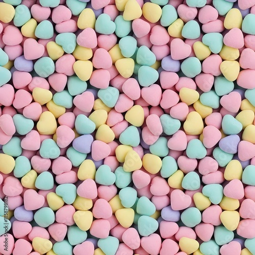 A dense and colorful pile of heart-shaped candies in various soft pastel shades.