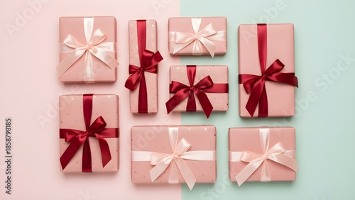 Symmetrical overhead view of pink wrapped presents with satin bows on pastel backgrounds.
