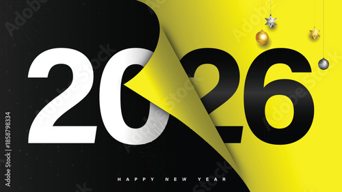 New Year's Eve 2026: The New Chapter Unfolds: A striking and modern design, ushering in the year 2026 with a bold visual metaphor of turning the page on a new beginning.