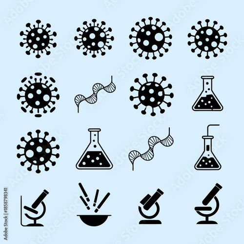 Scientific icons including virus, dna, laboratory equipment, and microscope symbols for medical research and biology