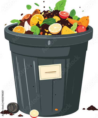 Compost Bin Filled with Organic Scraps and Labels Eco-Friendly Gardening and Sustainable Waste Management Concept
