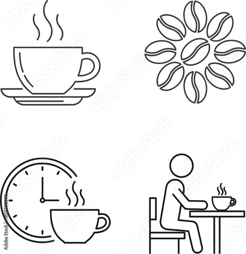 Coffee shop lifestyle icon set with steaming mug coffee bean flower clock and person sitting at cafe table.