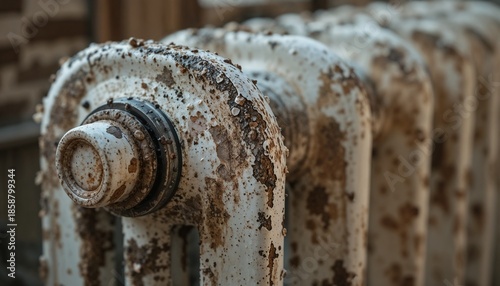 Close-up of a vintage cast iron radiator with heavily chipped white paint