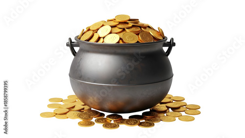 Pot of gold overflowing with shiny golden coins isolated on transparent background
