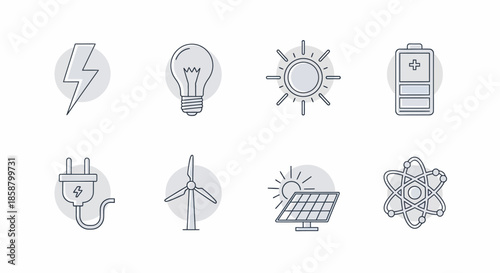 Set of eight energy and power related line icons.