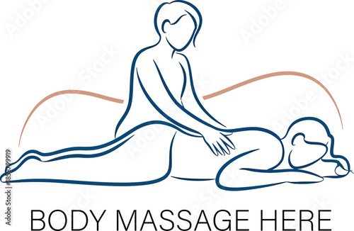 Body massage vector illustration in black-and-white line art showing practitioner and client in a relaxing therapy session.