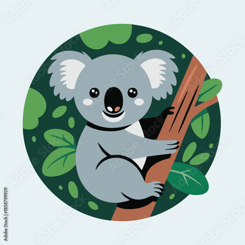 Cartoon Koala Clinging to Tree in Green Nature Scene