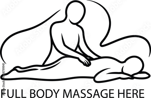 Full body massage vector illustration in black and white line art showing practitioner and client in relaxing therapy pose.