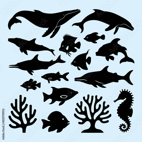 Black silhouettes of various marine animals and plants on a light blue background