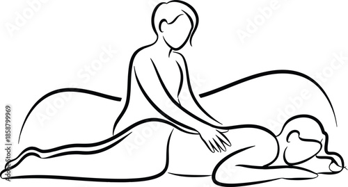 Massage therapy vector illustration showing face-down client and practitioner in minimal line style emphasizing relaxation.
