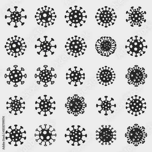 Collection of various virus and bacteria illustrations in black and white style