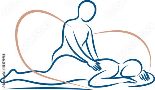 Massage therapy vector illustration showing side-lying client and practitioner with flowing lines suggesting relaxation and energy.