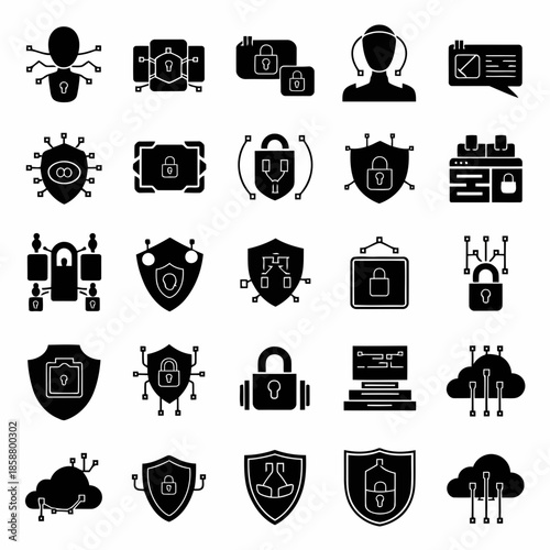 Set of security and protection icons including shields, locks, and digital security elements