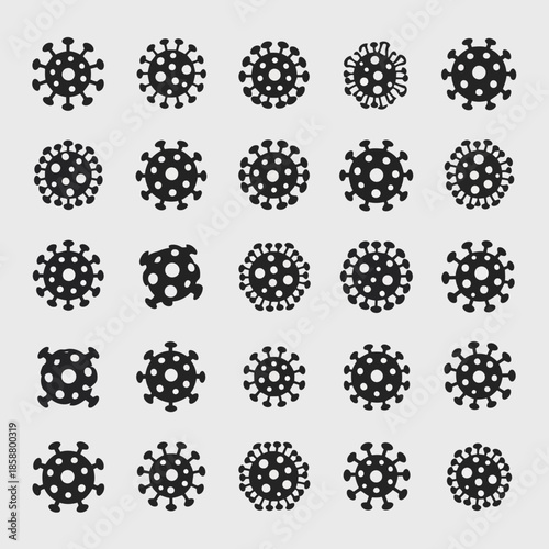 Black and white illustration of various virus particles in a grid pattern