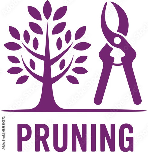 Purple tree and pruning shears vector icon for horticulture, plant care, and seasonal trimming in gardening visuals.