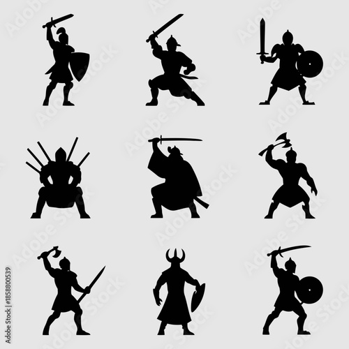Set of nine black silhouette warriors holding various weapons and shields