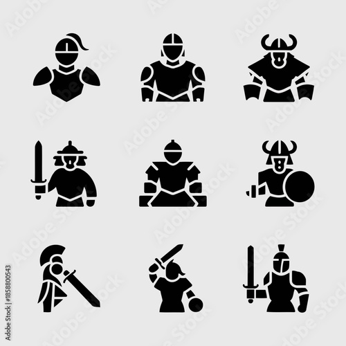 Set of nine different medieval warriors in armor with various weapons