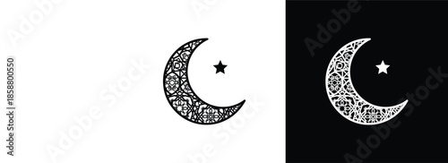 Ornate Islamic Crescent Moon and Star Vector with Arabesque Geometric Patterns