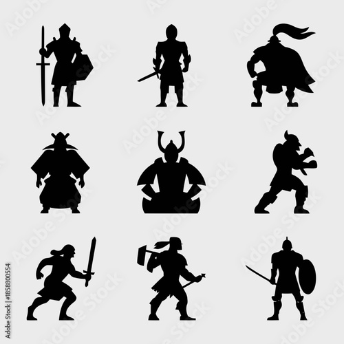 Collection of nine medieval warriors in silhouette poses with various weapons and armor