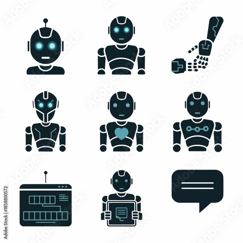 Set of various futuristic robots and technology icons including a computer, speech bubble, and robotic arm