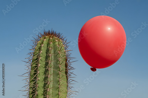 A Red Balloon Floats Near a Spiky Cactus Against a Clear Blue Sky