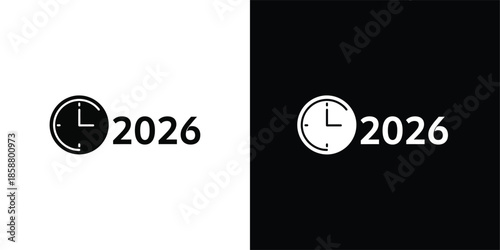 Happy New Year 2026 Typography with Midnight Clock Countdown Icon