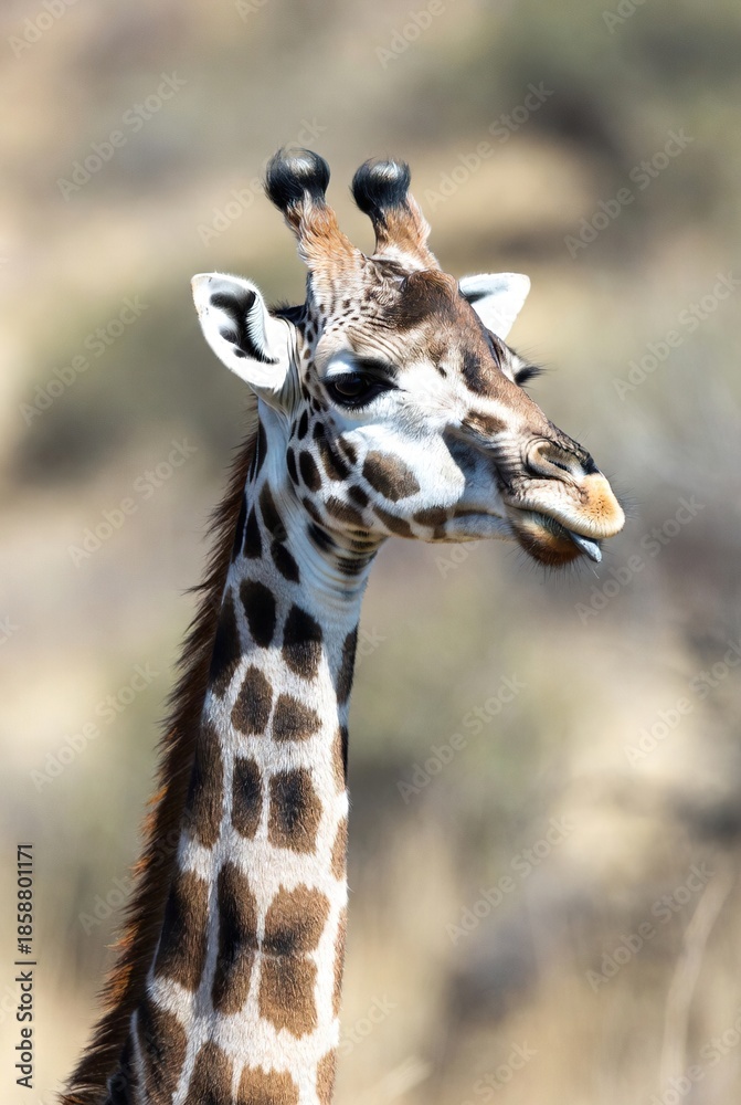 Obraz premium Curious giraffe head and neck with small tongue sticking out in the wild