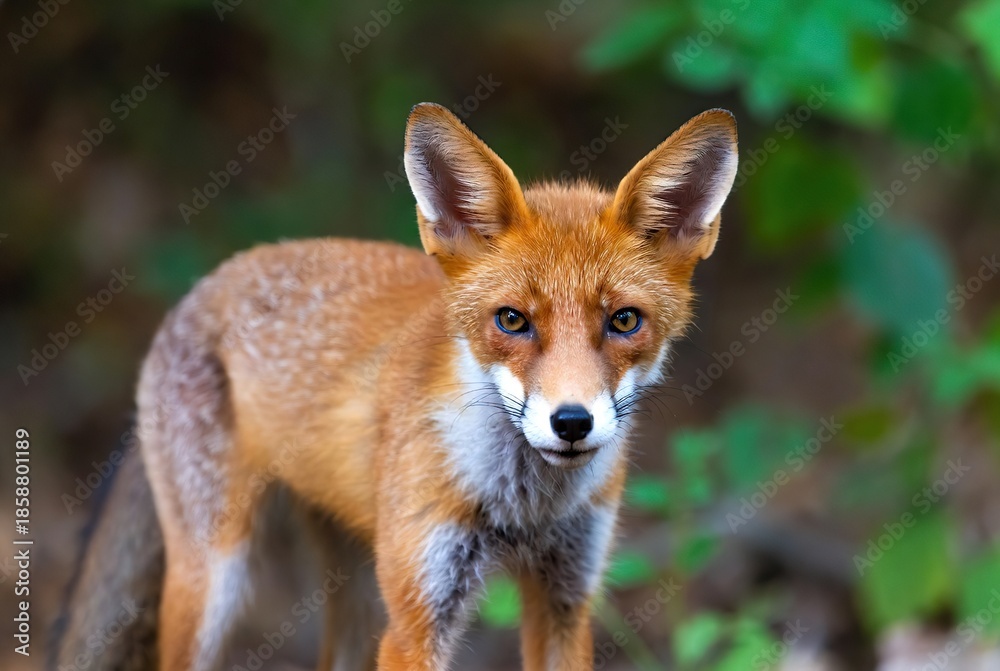 Obraz premium Curious red fox with piercing blue eyes stands in a lush green forest