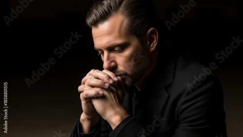 A man in formal attire clasps his hands together in thoughtful contemplation