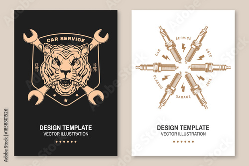 Auto service flyer, brochure, banner, poster. Vector. For expert service car repair center, restoration and car club with wrench, spark plug, tiger, automobile tools silhouette
