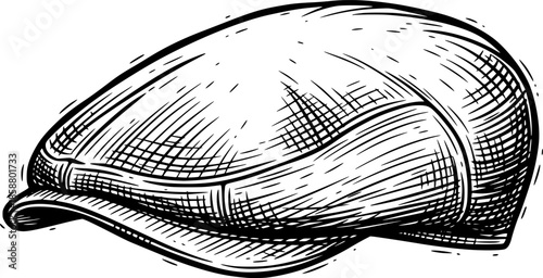 Vintage Style Flat Cap Hand Drawn Woodcut Illustration in Black
