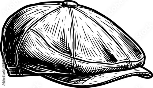 Vintage Style Flat Cap Hand Drawn Woodcut Illustration in Black
