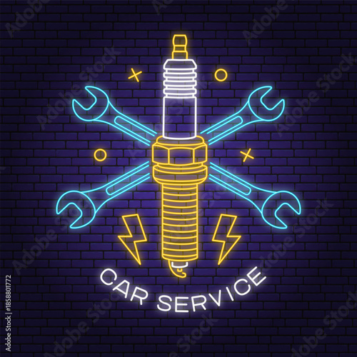 Auto service logo, emblem, badge in neon style. Vector. For expert service car repair center, restoration with wrench and spark plug. Auto repair emblem sign, night bright advertising car service