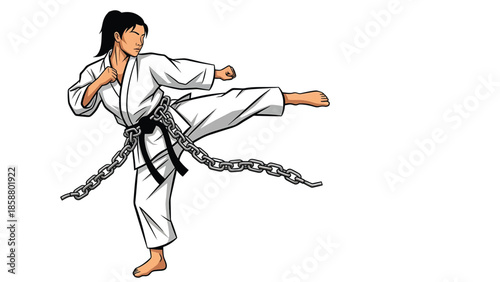 Dynamic woman in karate gi performing a kick, chains wrapped around her waist