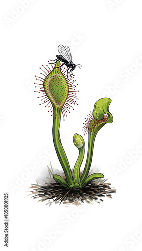 Fly trapped on a sticky, green carnivorous plant with dew-tipped tentacles