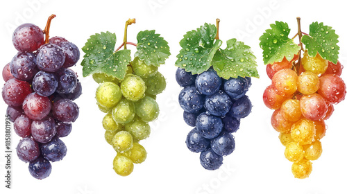 Fresh grape clusters with water drops on