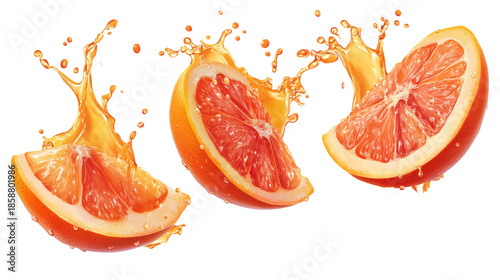 Fresh grapefruit slices with juice splashes on