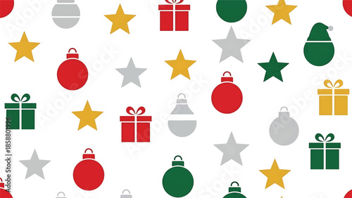 Festive pattern of red, green, and gold ornaments, gifts, and stars on a white background