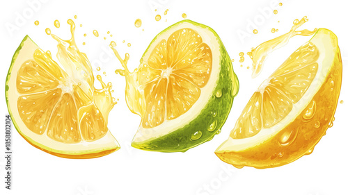 Juicy lemon slices splashing juice on